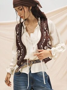 Easelle 秋冬女士休闲户外游牧花卉刺绣棕色背心 - 棕色 - 查看 4
