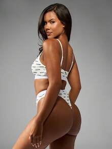 Missguided x Playboy Women High Cut Thong Underwear Printed Logo Elastic Band Matching Soft Low Rise Seamless Intimates All Over Print Design - Multicolor - View 2