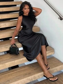 Alexandranx 极简主义时尚不对称斜裁双面缎面面料 A 字形无袖女式长裙，迷人百搭 - 黑色 - 查看 4