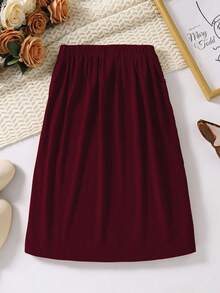 Sparklyn 女童休闲灯芯绒心形口袋中长修身半身裙，春秋 - 酒紅色 - 查看 2