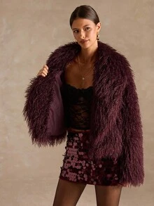 SHEIN BAE Elegant Solid Color Faux Fur Jacket, Autumn/Winter, Fur Coat Women ,Faux Fur Coat,Burgundy Fur Coat,Autumn-Winter Fur Coat - Red Violet - View 8