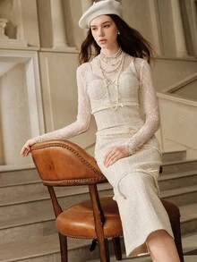 SHEIN Unity 女士优雅浪漫拼布流苏蝴蝶结装饰吊带背心和裙子两件套 - 杏色 - 查看 6