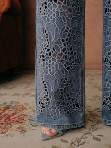 Anewsta Savoree Women's High Waist Embroidered Hollow Out Loose Wide Leg Straight Jeans Pants, Winter