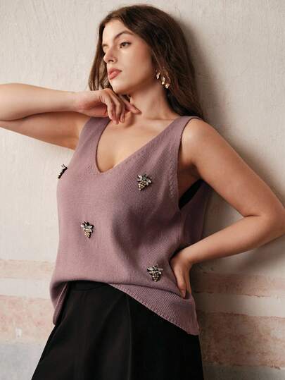 Anewsta 优雅水钻蜜蜂装饰V领针织女式背心T恤