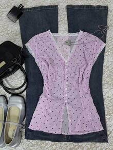SHEIN Plus Size Women's Fashion Casual Lace Trim Button T-Shirt - Mauve Purple - View 1