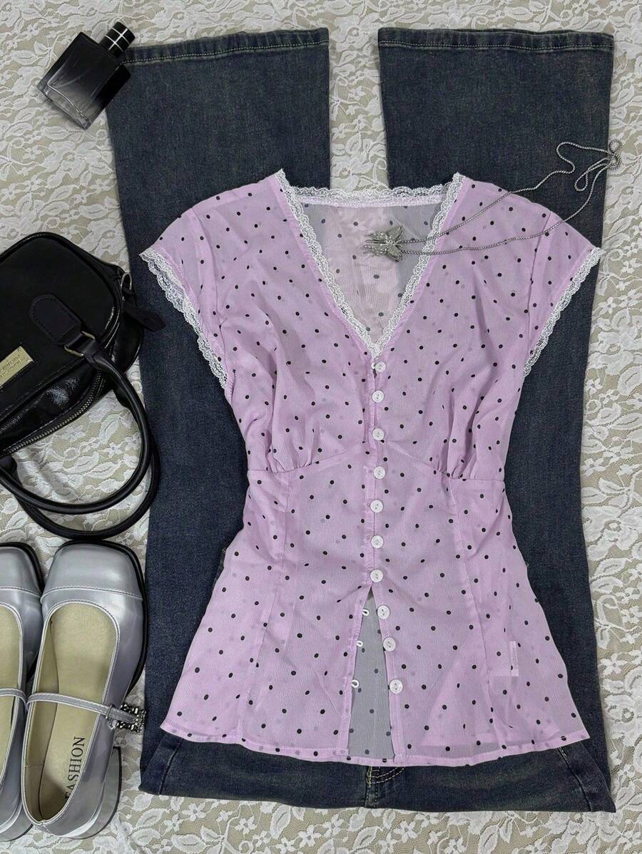 SHEIN Plus Size Women's Fashion Casual Lace Trim Button T-Shirt - Mauve Purple - View 1