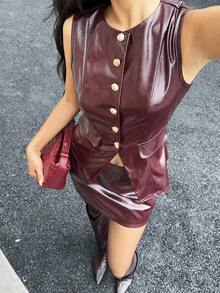 Siren Gaze Nuevo traje de mujer de PU con cuello redondo, sin mangas, con botones delanteros y estilo informal, color rojo vino