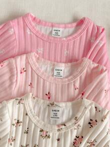 SHEIN 6pcs/Set Baby Girls Round Neck Long Sleeve Ribbed Ditsy Floral T-Shirt With Elastic Waist Pants, Comfortable, Fashionable, Versatile, Korean Style Casual Outfit, Suitable For Layering Or Outerwear, New Autumn Collection Fall Winter