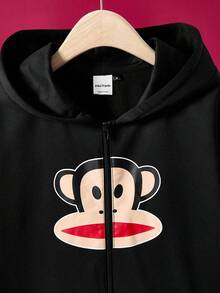Paul Frank X SHEIN Áo khoác nam dài tay in hình khỉ hoạt hình, có mũ trùm đầu và khóa kéo, tai 3D, kiểu dáng thường ngày, thích hợp cho mùa thu. - màu đen - Xem 3