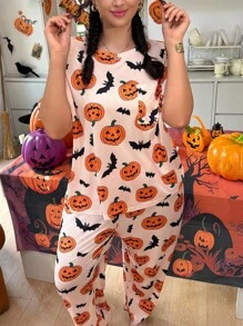 SHEIN Pink Summer Halloween Pajamas Women Plus Size Pumpkin And Bat Nighty,Comfy Fall Orange PJs Set For Festive Look - Multicolor - View 1