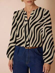 Glamance Pati Paints 斑马纹咖啡色休闲简约动物图案印花女衬衫，适合秋季通勤穿斑马纹衬衫条纹衬衫长袖衬衫女衬衫斑马上衣