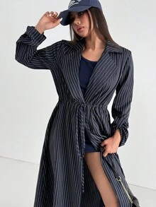 Aidyla 女式条纹海军蓝长袖通勤腰带隧道褶皱风衣，秋季 - 藏蓝色 - 查看 6