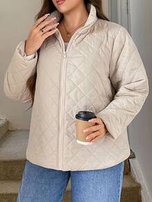 SHEIN LUNE 大码女式纯色长袖拉链休闲冬季外套，飞行夹克，长袖保暖升级外套女士冬装女士冬装万圣节服装，万圣节外套工作服女士通勤简约办公室老款外套，适合日常穿着，通勤，极简主义，优雅时尚的通勤，休闲休闲风格，纯色，女士秋季服装秋季 - 杏色 - 查看 5