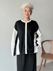 FRIFUL Conjunto de 2 piezas de mujer con decoración de patchwork, manga larga, informal y holgado, adecuado para negocios y atuendos de aeropuerto - Negro - Ver 4