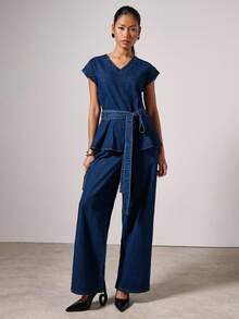 COSMINA Denim 女士优雅度假通勤无袖牛仔连体裤，适合日常穿着 - 藍色 - 查看 4