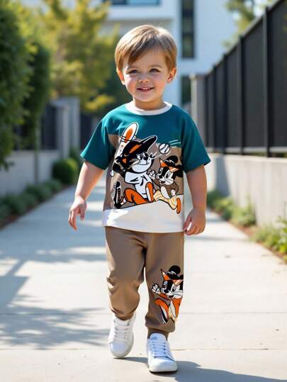 SHEIN 小男孩秋季新款休闲简约风格可爱卡通动物印花街头运动拼色圆领短袖上衣和裤子两件套