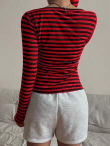 SHEIN EZwear Áo thun nữ sọc đen đỏ chất liệu cotton pha trộn mới có khóa kéo nửa thân - Đỏ - Xem 2