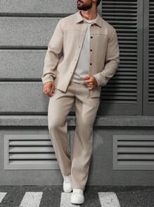 Manfinity Homme Men's Solid Color Single-Breasted Jacket And Pants Casual Suit Casual Two Pieces Set Men Co-Ord Set Beige Men Two Piece Outfit Apricot Men Outfit , Fall Clothes Winter, Cozy Outfits