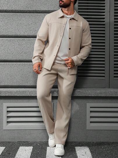 Manfinity CasualCool 男士纯色单排扣夹克和裤子休闲西装休闲两件套男士套装米色男士两件套杏色男士套装，秋季服装冬季舒适服装