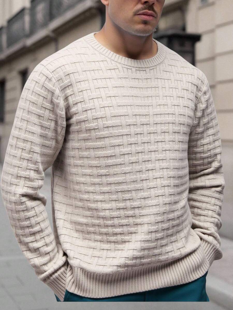 Manfinity Homme Suéter de cuello redondo de unicolor casual para hombre, otoño/invierno - Gris - Ver 1
