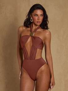 Glamine Bodysuit Wanita Warna Cokelat Karat, Model Chic, Tanpa Punggung, Leher Berongga, dengan Dekorasi Kancing Logam, Cocok untuk Pesta, Koktail, Pantai, dan Liburan. - Coklat - View 3