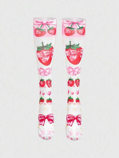 Kawaii 1 par de calcetines rosas de estilo anime inspirados en fresa hasta el tobillo, calcetines de tripulación de dibujos animados dulces, estilo versátil para el campus para mujeres