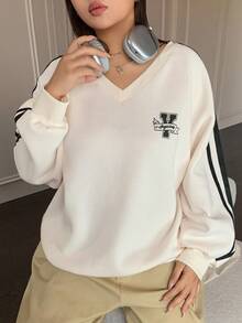 Dazy Plus V-Neck Graphic Print Color Block Ribbon Loose Sporty Casual Plus Size Women Sweatshirt, Spring/Autumn