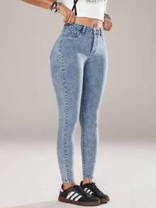 Jeanoix 女士时尚弹力斜口袋紧身牛仔裤 - 淺色水洗藍 - 查看 5