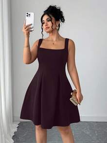 SHEIN Elenzya 大码女式纯色无袖方领收腰A字连衣裙 - 中紫紅色 - 查看 6