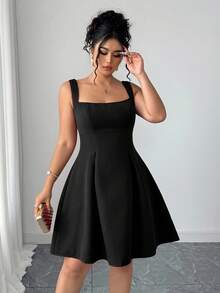 Elenzga Plus Size Women's Solid Color Sleeveless Square Neck Waist Cinched A-Line Dress Black Cocktail Dress Square Neck Dress Sleeveless Black Dress Black Dress Black Summer Dress