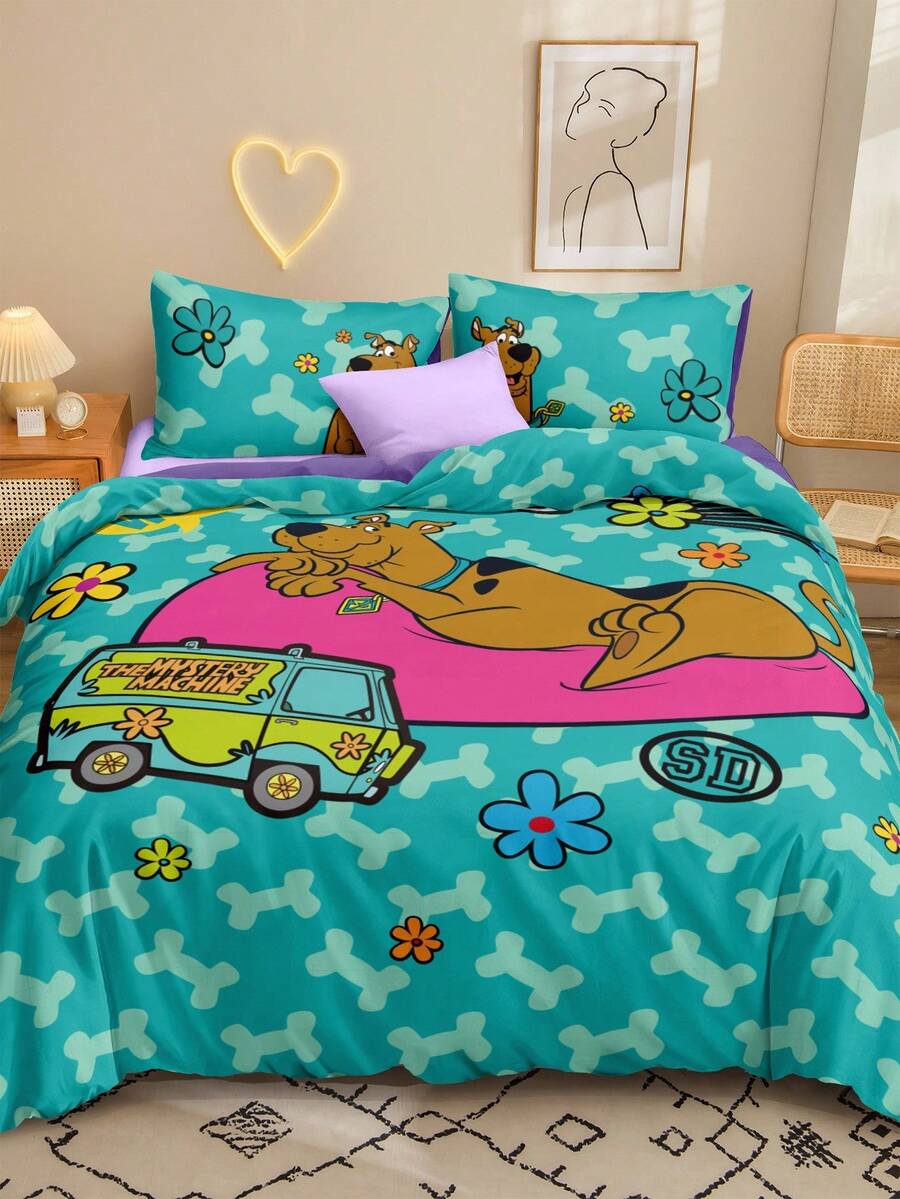 SCOOBY-DOO X SHEIN 3pc Cute Style Printed Bedding Set,Suitable For Single Bed/Double Bed/Queen Bed/King Bed, Dormitory/Home - Multicolor - View 1