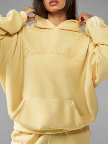 Missguided x Playboy Oversized Long Sleeve Hoodie With Centre Pocket Pullover Sweatshirt For Casual Streetwear Winter Comfort - Yellow - View 4