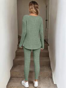 SHEIN LUNE 2 件套女士长袖 T 恤和紧身裤，毛绒罗纹粉色套装，秋冬 - 薄荷綠 - 查看 2