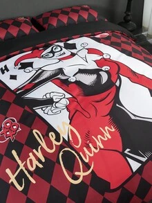 Harley Quinn X SHEIN 3pc Cartoon Character And Argyle Pattern Bedding Set,Suitable For Single Bed/Double Bed/Queen Bed/King Bed, Dormitory/Home - Multicolor - View 7