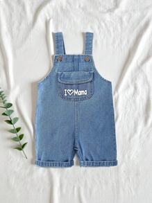 SHEIN Vintaside Kids 寶寶男孩條紋短袖T卹和標語印花翻蓋口袋連身牛仔褲