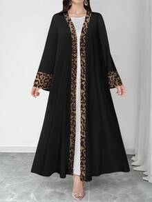 SHEIN Najma Women's Leopard Print Long Sleeve Casual Arabic Abaya Robe, Suitable For Spring And Autumn