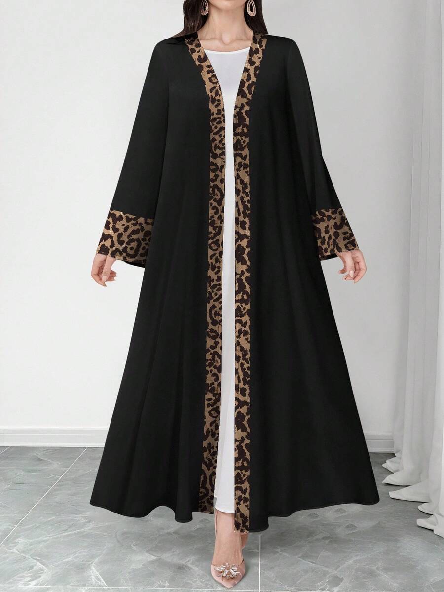 SHEIN Najma Women's Leopard Print Long Sleeve Casual Arabic Abaya Robe, Suitable For Spring And Autumn