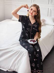 SHEIN 女童褶饰心形印花开衫睡衣套装 - 黑色 - 查看 1