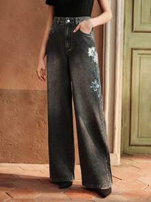 Anewsta Pantalon droit de luxe brodé pour femmes, convient pour la Saint-Valentin, la Fête des Mères, couleur noire - Noir - Voir 4