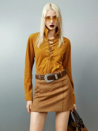 Airlisse 女式绒面革V领系带长袖休闲衬衫