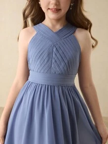 青少年女孩钢琴演奏会礼服，高端公主开学演出晚礼服，雪纺，适合万圣节、主持和表演 - 藍色 - 查看 6