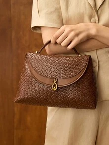 MOTF PREMIUM PU LEATHER CROCODILE PATTERN BUCKLE TOP HANDLE BAG - Coffee Brown - View 5