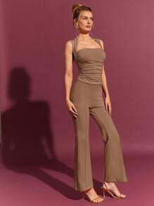 L'Amorae 女士优雅纯色无袖褶饰修身上衣