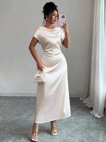 Elenzga 加大码女式束腰短袖宽松领口优雅百搭通勤约会派对长款舒适H型连衣裙 - 杏色 - 查看 3