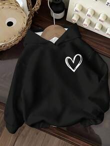 Set de 3 piezas/Paquete Corazón pintado a mano, Estampado de amor, Sudadera holgada y cómoda de manga larga para niña preadolescente, Crema amarillento + Rosa fresco + Negro, Adecuado para otoño/invierno, Vuelta al colegio, Estilo años 2000, Ropa estilo coreano, Ropa de otoño, Ropa de invierno, Homecoming, Ropa de invierno, Grunge, Rayas, Comodidad fácil, Ropa de niños con estilo - Multicolor - Ver 3