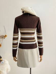 SHEIN Unity Women's Minimalist Chic Brown Striped Long Sleeve Pullover Knit Sweater, Autumn/Winter Fall Cloth For Women - Brown - View 2
