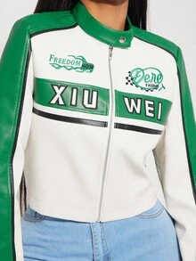 SHEIN SXY Women's Contrast Color Jacket, Chic Motorcycle Crop Top, Versatile For Autumn,Business, Retro, Outing, Old Money,Siren Coquettish,  Cruise Attire, Commuting,  Richly Layered, Date Night, Gathering, Minimalism, Birthday, Formal Event, Break, Modest, Chic, Casual, Shopping, Street Wear, Going Out,ملابس شتوية للنساء