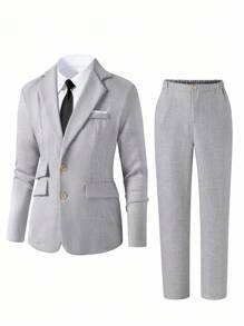 Bộ trang phục 2 món cho bé trai tuổi teen - Áo khoác vest xám ôm vừa vặn + Quần âu, trang phục trang trọng ngoài trời giản dị, thanh lịch, thích hợp cho tiệc sinh nhật, tiệc tối, biểu diễn, tiếp khách, mùa cưới (sinh nhật, đám cưới, khách dự tiệc cưới, cậu bé hầu bàn, cậu bé đeo nhẫn) - Màu Xám nhạt - Xem 3