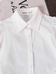 SHEIN 复古优雅少女灯笼袖衬衫，秋季白色纽扣衬衫，母女亲子装，适合秋冬季日常休闲穿着及上学穿着，返校季必备 - 白色 - 查看 4
