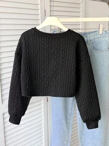 SHEIN Tween Girls' Casual Sports Versatile All-Match Knit Cable Textured Crew Neck Cropped Loose Pullover Sweatshirt,In Fall/Winter - Black - View 2